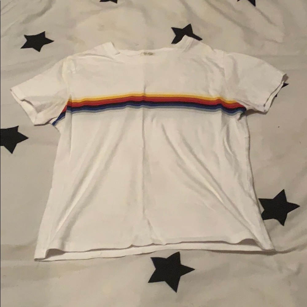white crew neck with rainbow stripe